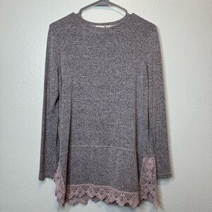 Cactus + Pearl Crewneck Sweater Tunic with Lace Trim Size Small Cottage Granny
